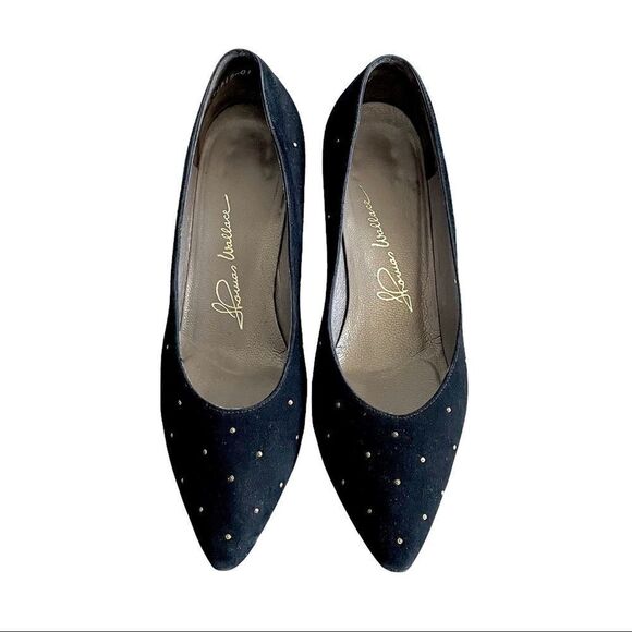 THOMAS WALLACE Vintage Suede Pointy Toe Pumps Heels Stud Detail Black 9 - Picture 2 of 15